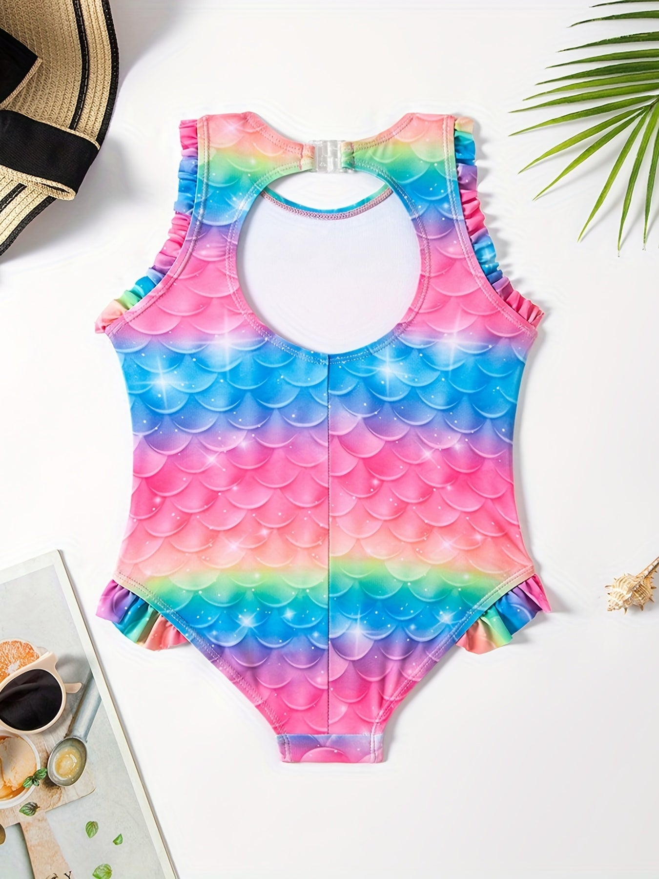 Girls Mermaid Fish Scale Print Tankini Swimsuit Sleeveless
