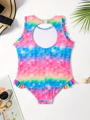 Girls Mermaid Fish Scale Print Tankini Swimsuit Sleeveless