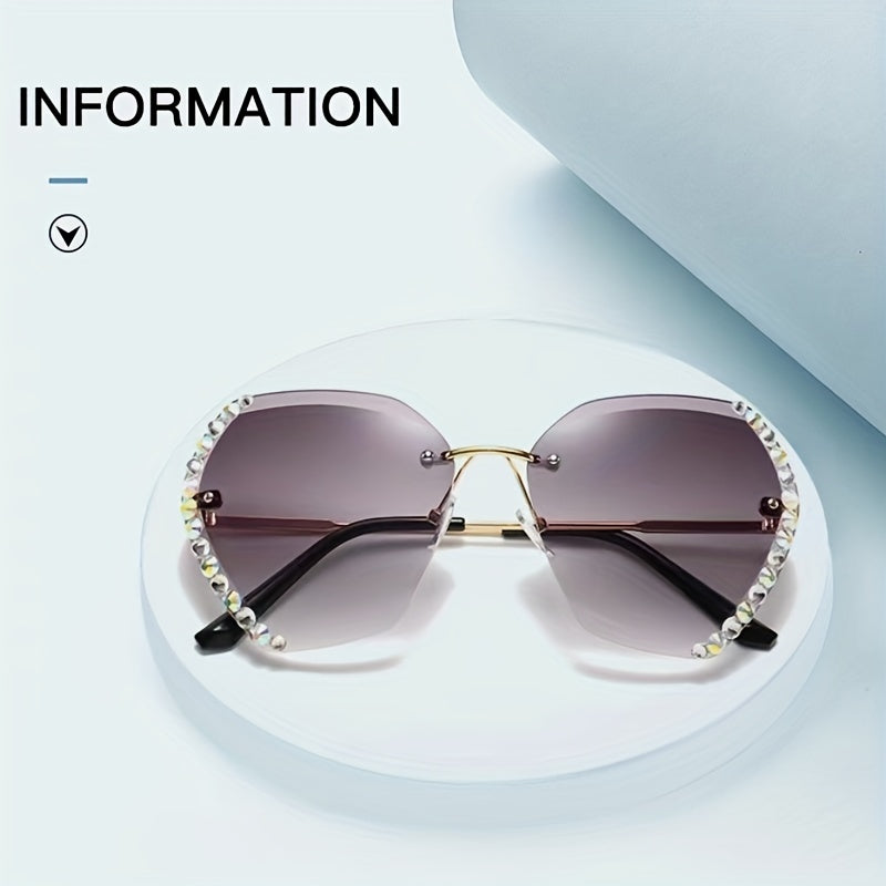 Rhinestone Decor Rimless Sunglasses For Women Gradient Lens UV400