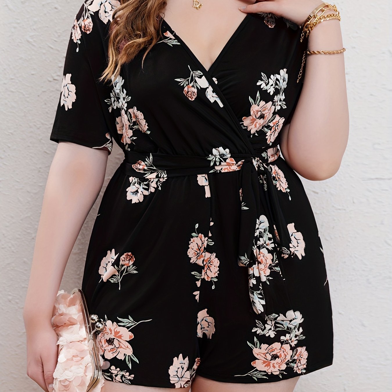 Floral Print Short Sleeve Romper with Belt