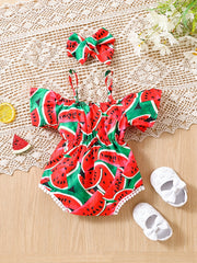 2pcs Baby Girls Watermelon Print Onesie & Headband Set