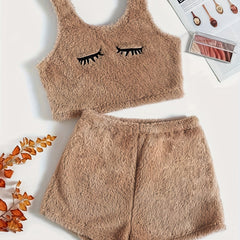 Eyelash Print Lounge Set Tank Top & Shorts Women's Loungewear