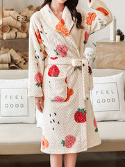 Fruit Print Fuzzy Night Robe Warm Long Sleeve Robe With Belt