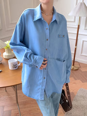 Denim Top Women's Long Sleeve Button Down Blouse With Pockets