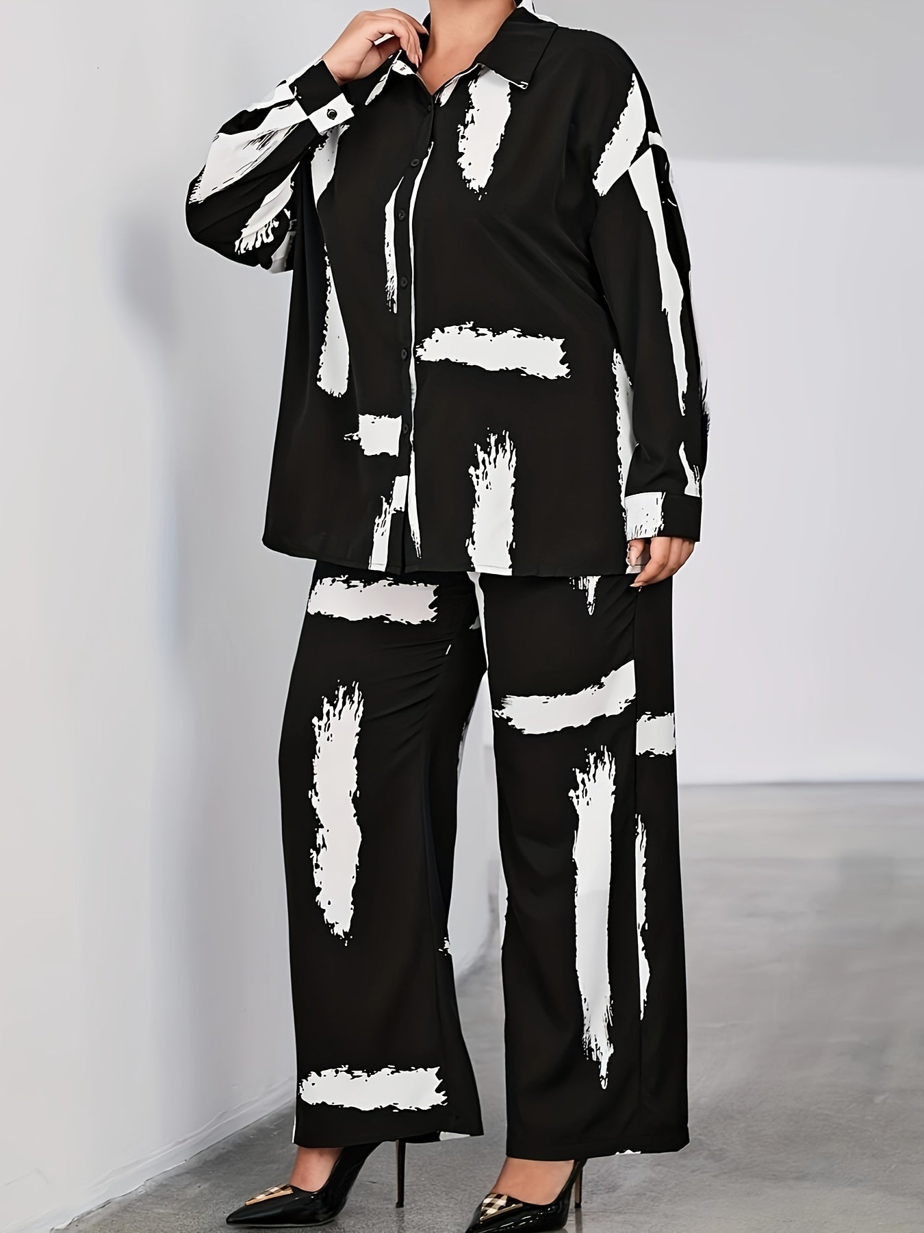 Women's Plus Brush Print Shirt & Loose Pants Outfit Set