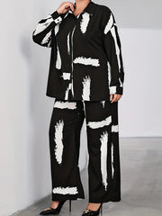 Women's Plus Brush Print Shirt & Loose Pants Outfit Set