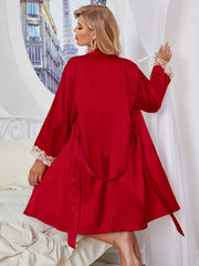 Satin Night Robe Lace Trim Long Sleeve V Neck Robe With Belt Women's Sleepwear
