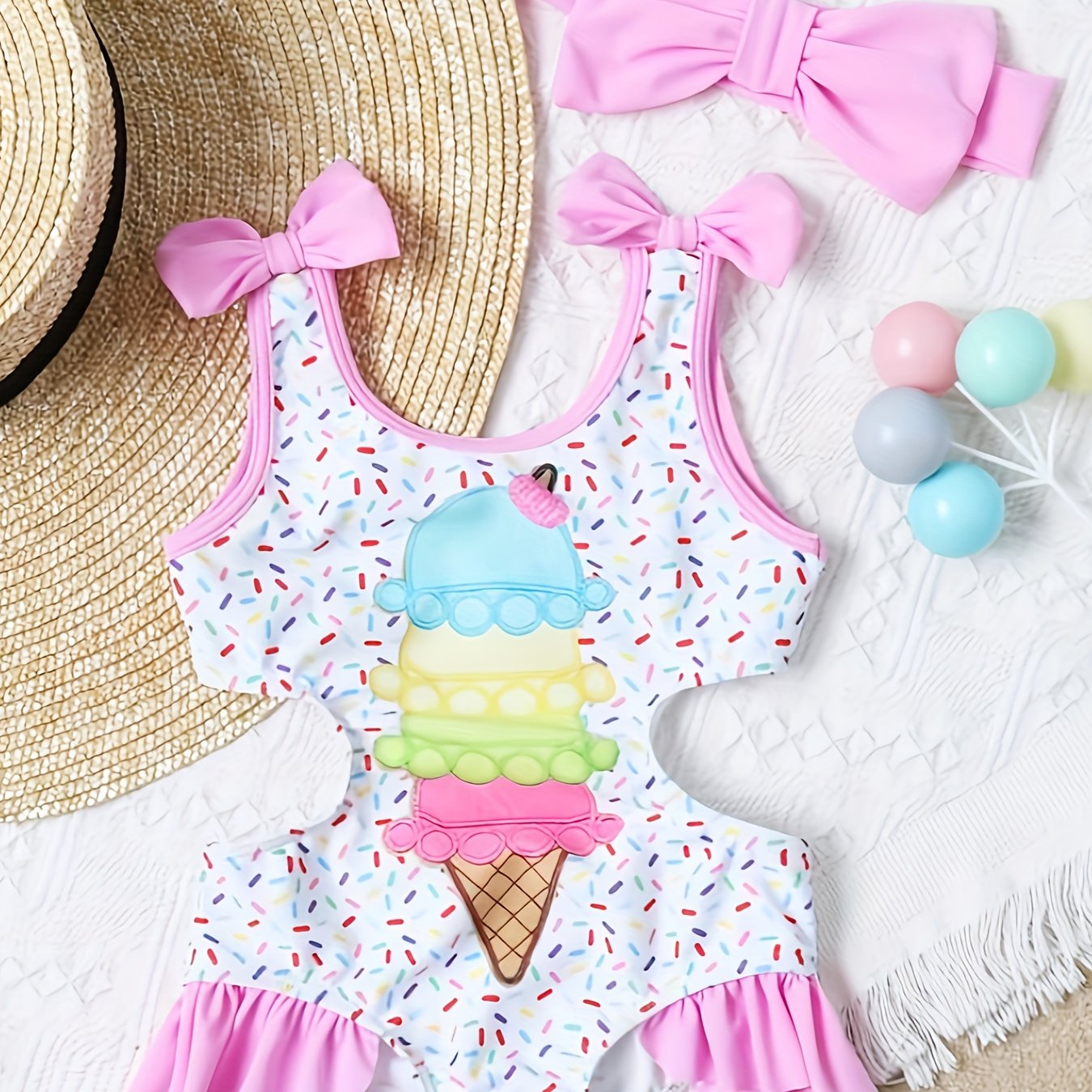 Girls Ice Cream Swimsuit with Ruffle Trim & Bow - Summer Swimwear