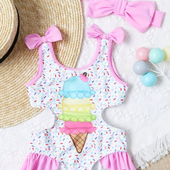 Girls Ice Cream Swimsuit with Ruffle Trim & Bow - Summer Swimwear