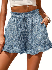 Boho Floral Ruffle Trim Shorts Elastic Waist Drawstring Summer Shorts