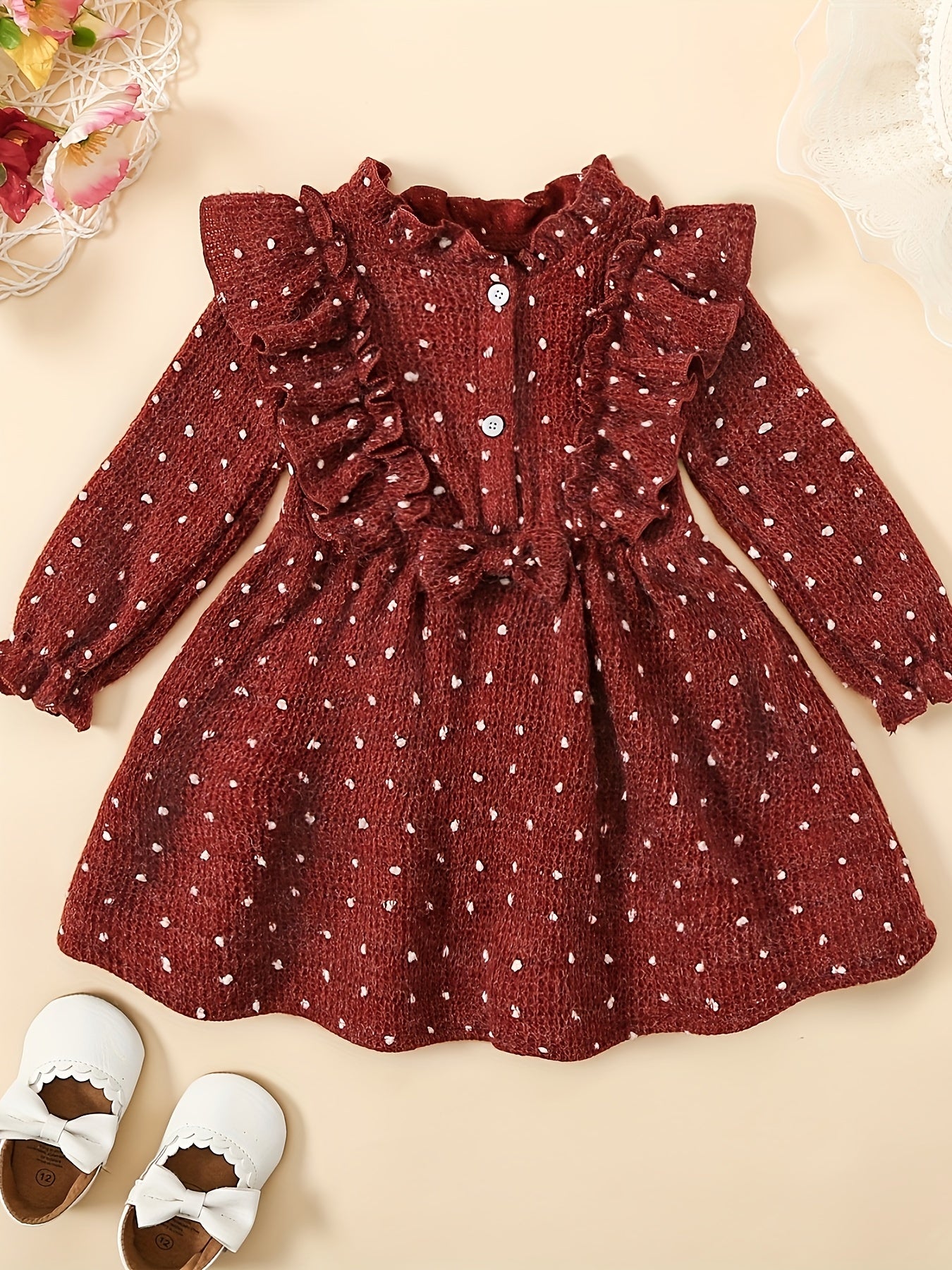 Baby Girls Boho Style Long Sleeve Ruffle Jacquard Dress