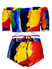 Colorful Painting Print Off Shoulder Swimsuit Set
