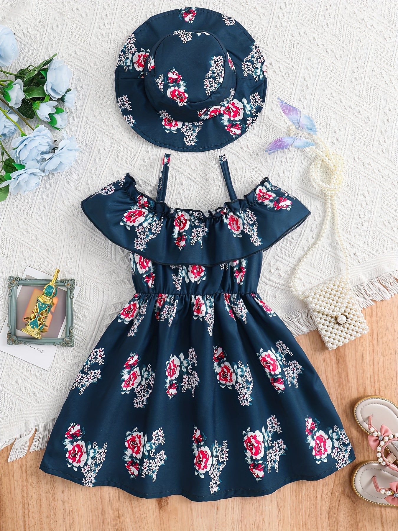 2pcs Toddler Girls Flowers Graphic Dress & Hat Set For Party Beach Vacation