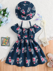 2pcs Toddler Girls Flowers Graphic Dress & Hat Set For Party Beach Vacation