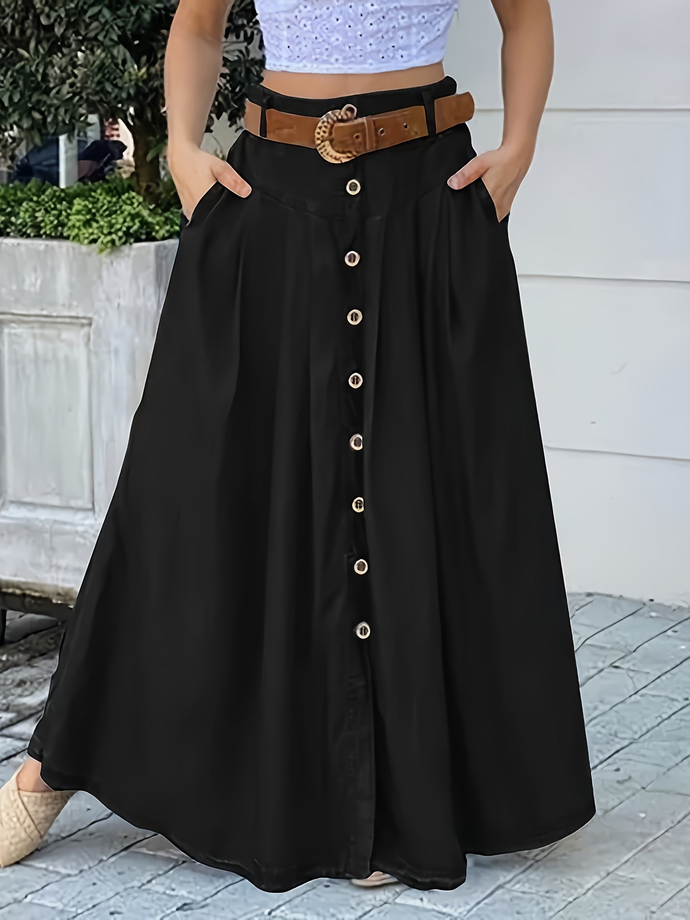 Button Detail High Rise Maxi Skirt with Pockets