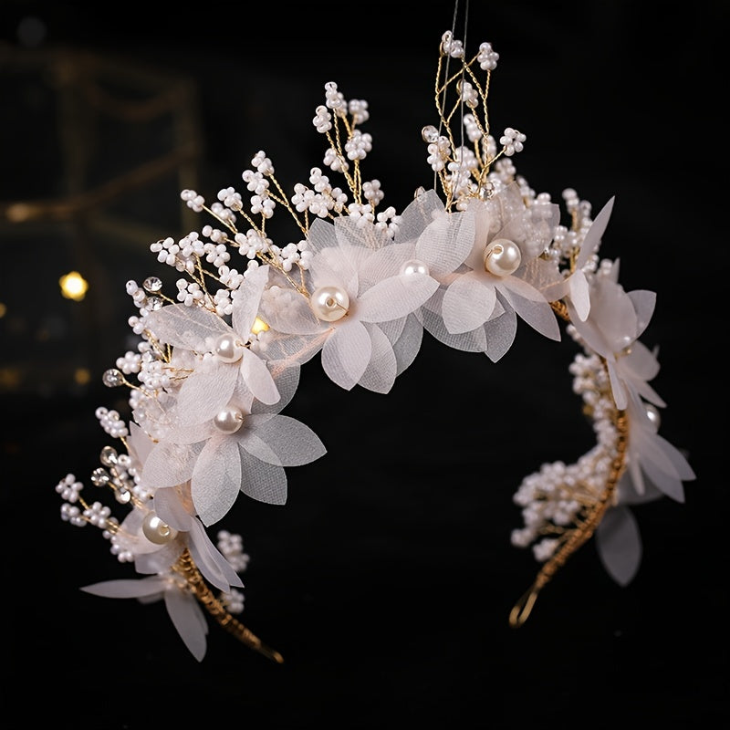Golden Faux Pearls Flowers Headbands Wedding Hair Accessories Bridal Tiaras