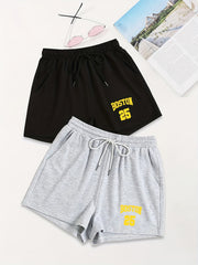 Drawstring Shorts 2 Pack Boston Print Loose Casual Summer Women's Clothing