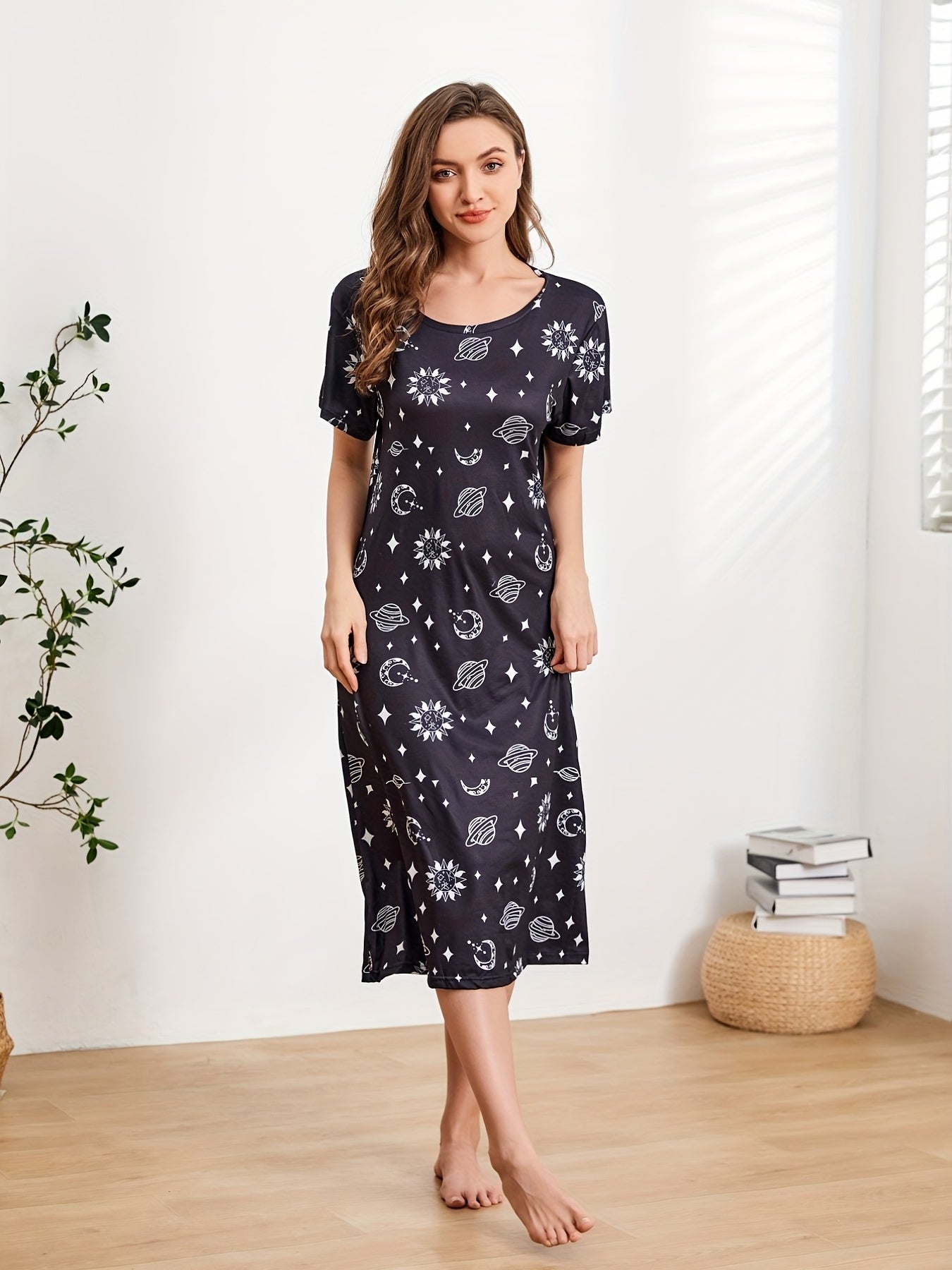 Starry Print NightDress Short Sleeve Crew Neck Pajama Dress