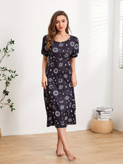 Starry Print NightDress Short Sleeve Crew Neck Pajama Dress