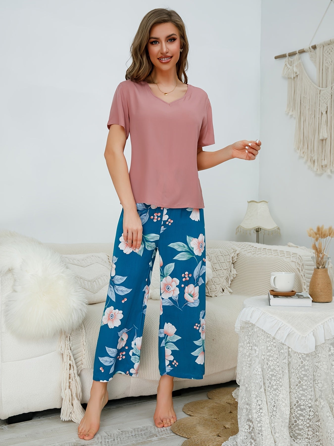Floral Print Lounge Set V Neck Short Sleeve Top & Bow Pants