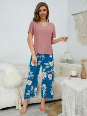 Floral Print Lounge Set V Neck Short Sleeve Top & Bow Pants