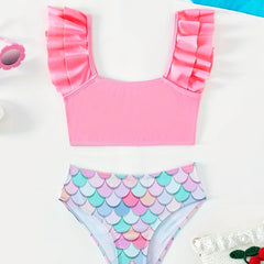 Girl's 2pcs Ruffle Swimsuit Fish Scale Bikini Set Tank Top & Briefs