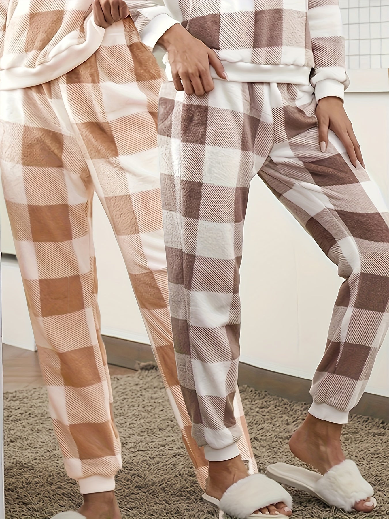 2 Pcs Plaid Lounge Pants Elastic Waist Women's Sleepwear
