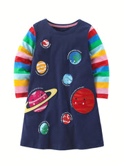 Girls Colorful Planet Print Long Sleeve Casual Dress