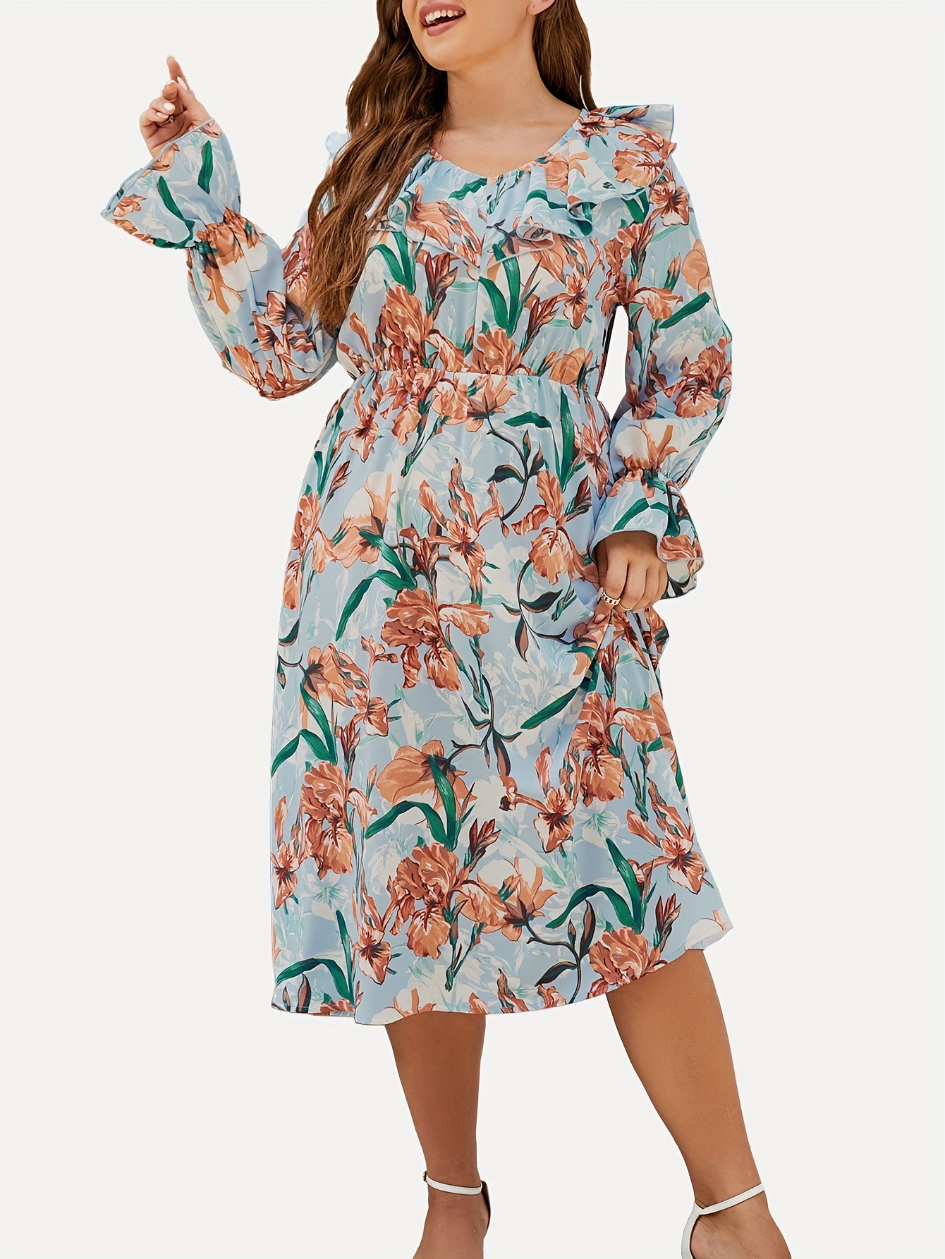 Floral Print Ruffle Sleeve V Neck Dress