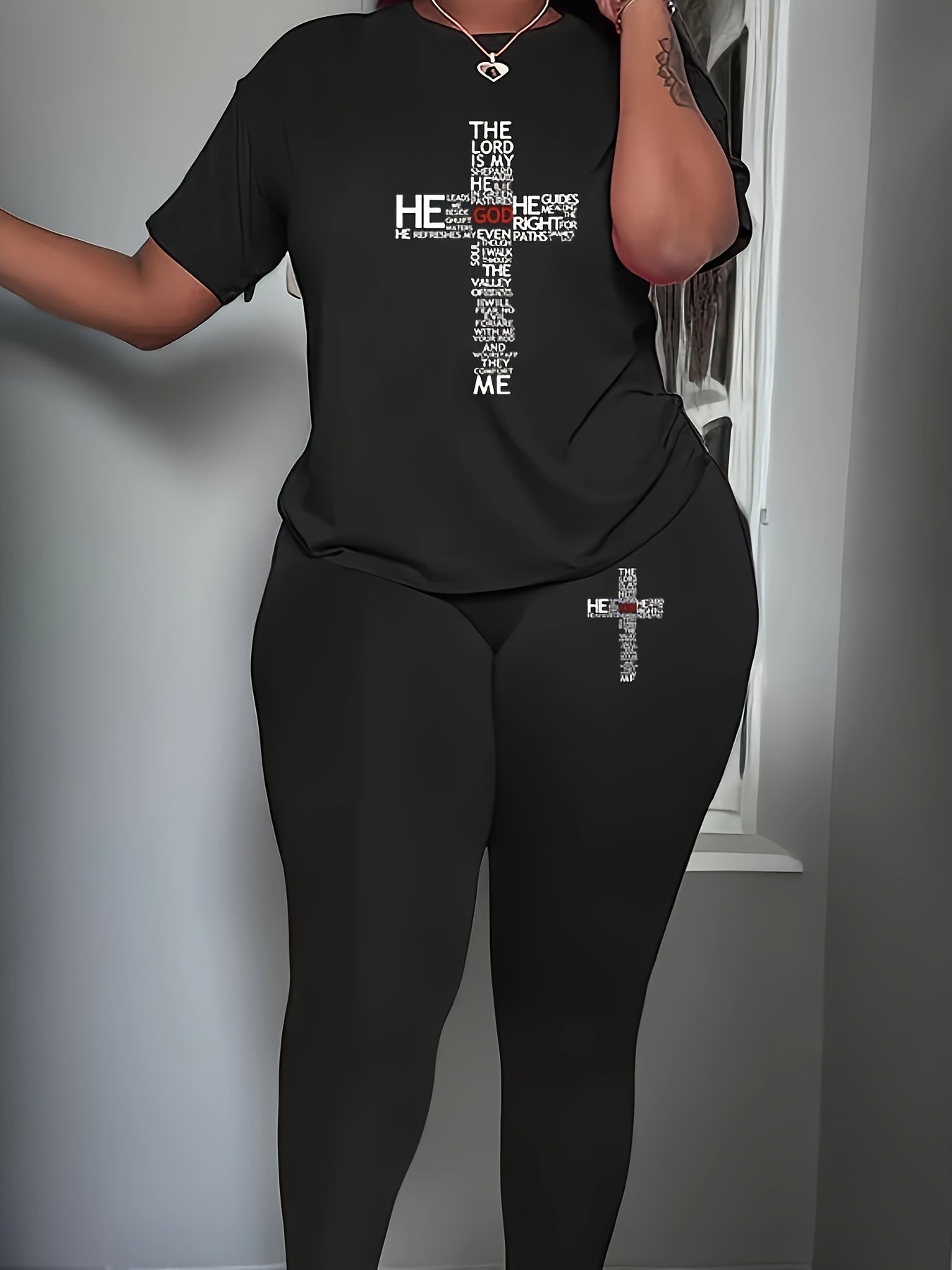 Two Piece Slogan Print Top & Leggings Set