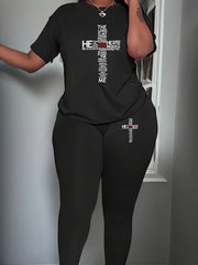 Two Piece Slogan Print Top & Leggings Set