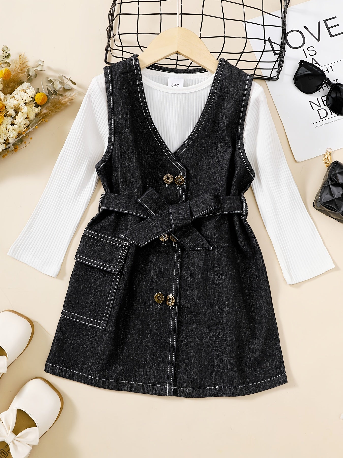 Girls Cotton Long Sleeve Top & Denim Dress With Belt