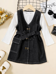 Girls Cotton Long Sleeve Top & Denim Dress With Belt
