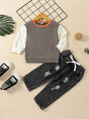 Toddler Boy's Block Sweatshirt & Ripped Denim Pants Set