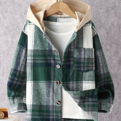 Boys Plaid Print Hooded Shirt Coat Long Sleeve Casual Button Closure