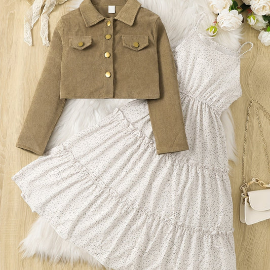 Girls Camisole Dress & Coat Set Polka Dot Corduroy Long Sleeve