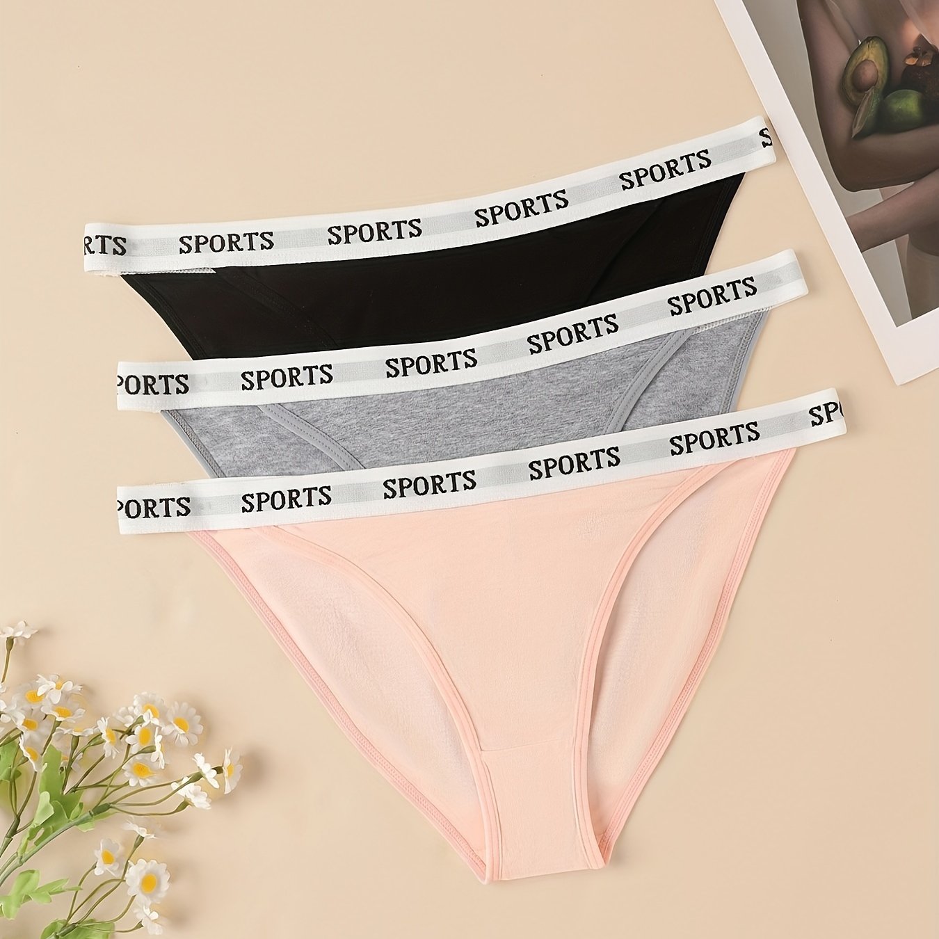 3pcs Letter Print Bikini Panties Stretchy Intimates Women's Lingerie