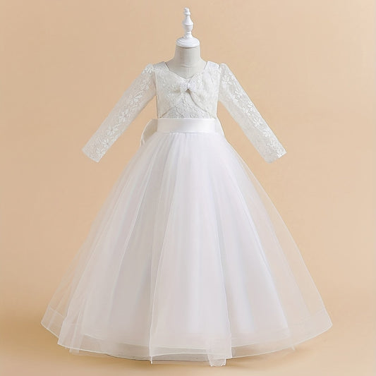 Girls Lace Long Sleeve Catwalk Tulle Maxi Princess Dress