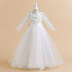 Girls Lace Long Sleeve Catwalk Tulle Maxi Princess Dress