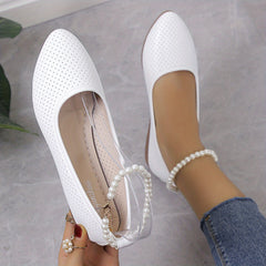 Perforated Pointed Toe Flats Faux Pearl Ankle Strap Shoes