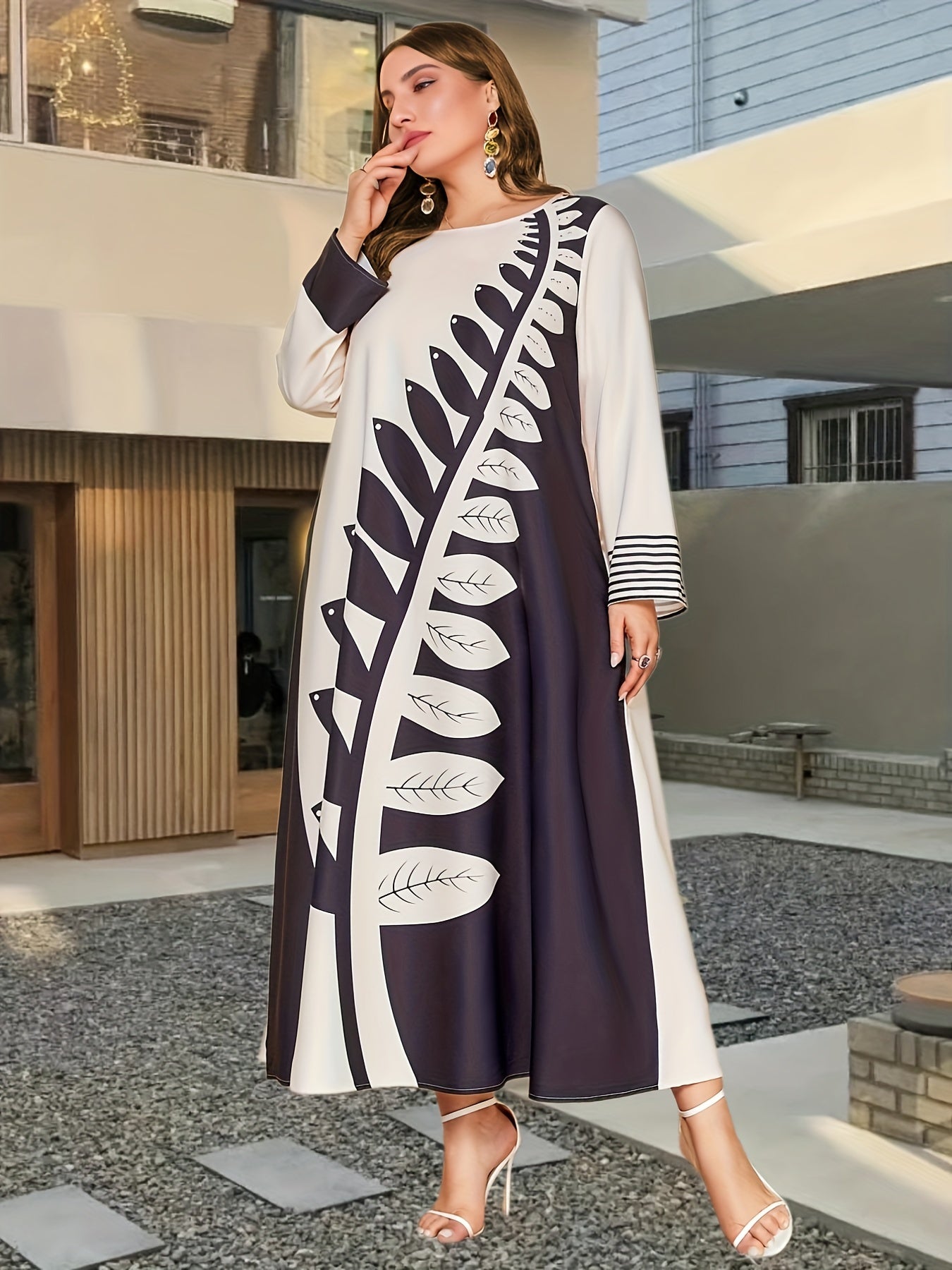 Colorblock Leaf Print Maxi Dress