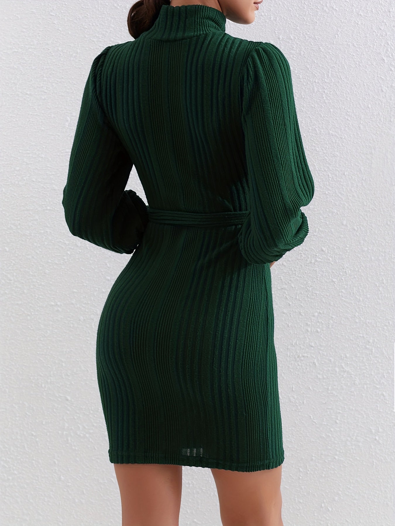 Solid Ribbed Bodycon Dress High Neck Long Sleeve