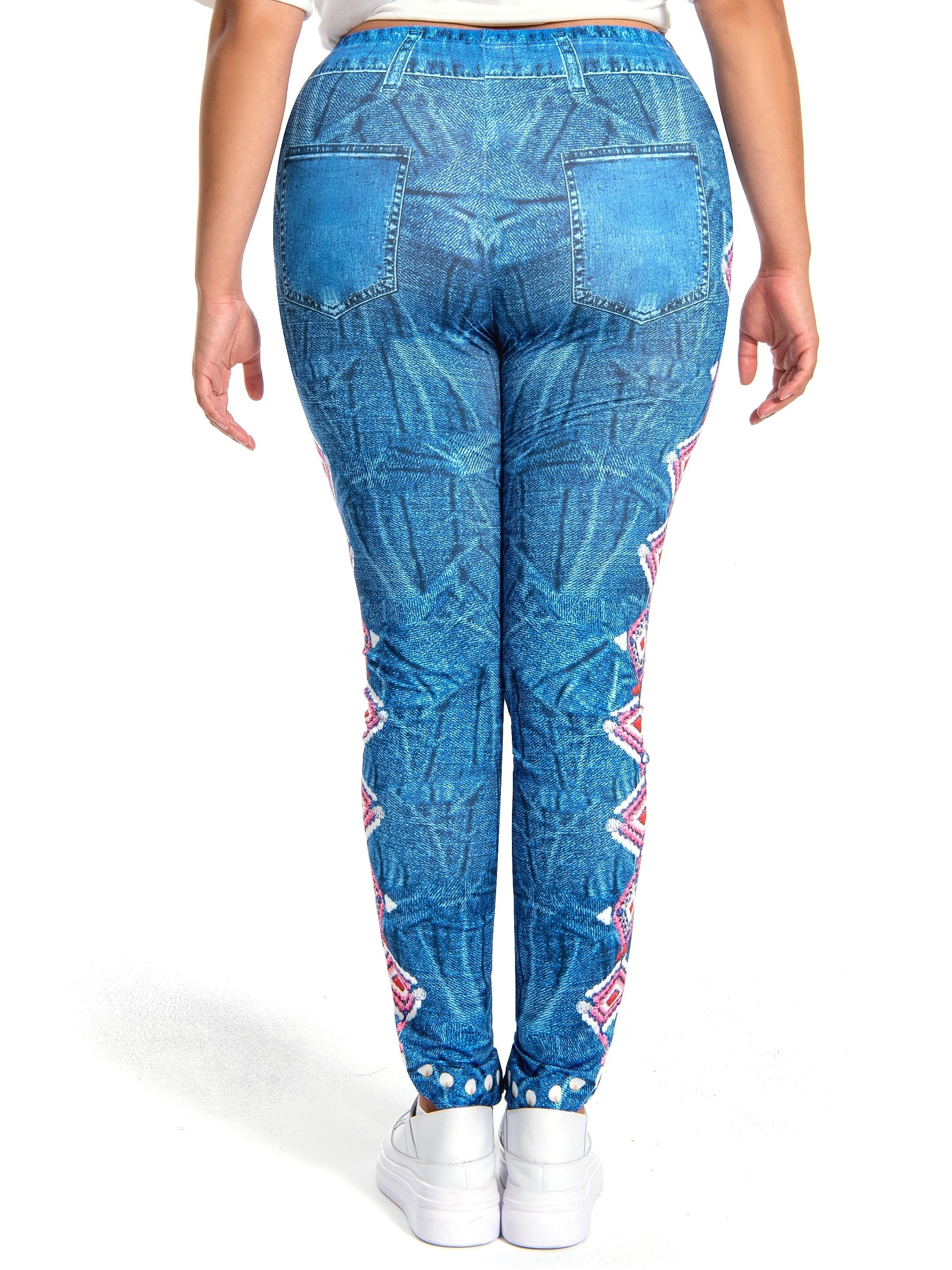 Women's Plus Geometric & Denim Print Skinny Leggings