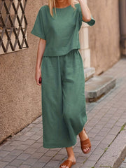 Two piece Set Crew Neck Short Sleeve T shirt & Wide Leg Pants