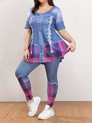 Denim Print Peplum Top & Leggings Set