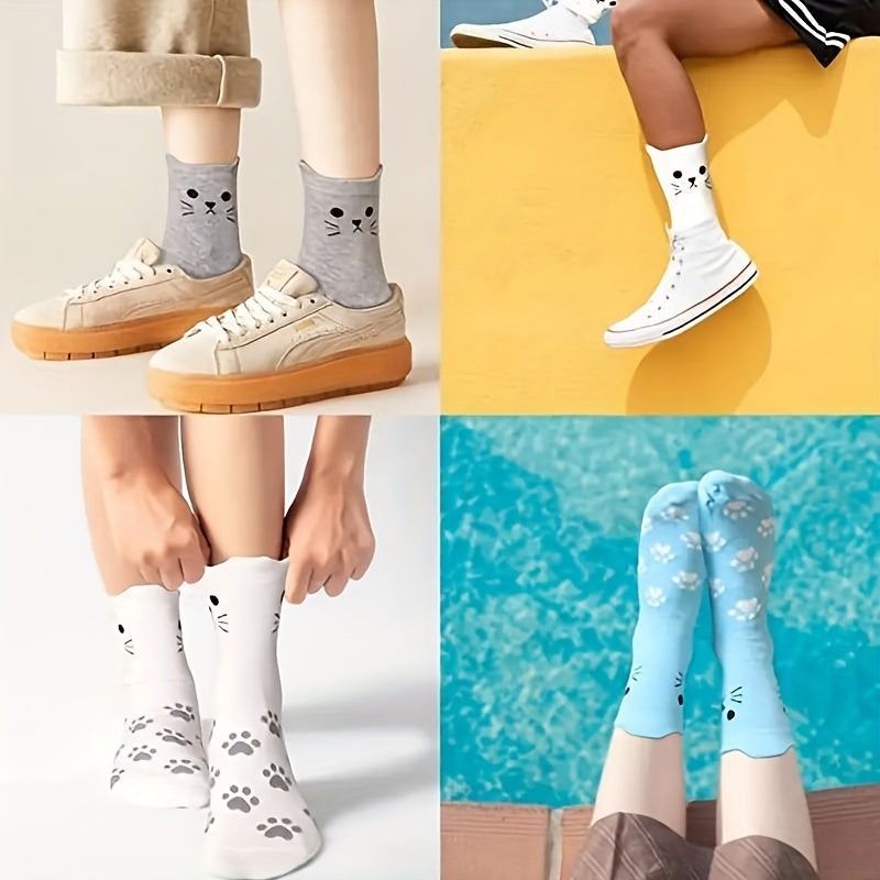 Men's Cartoon Cat Crew Socks 5 Pairs Cotton Blend Casual Unisex Socks
