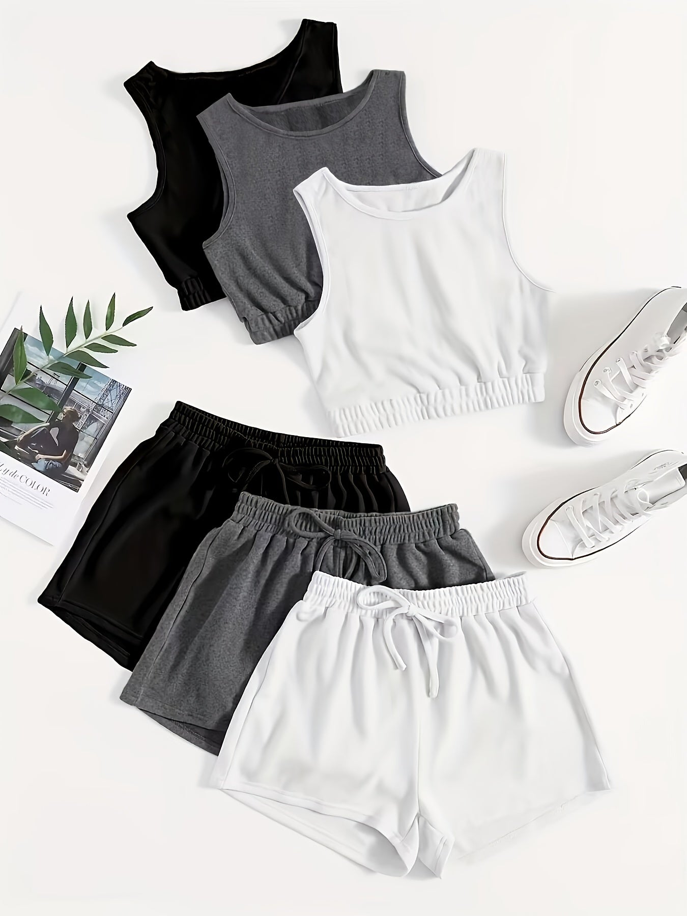 6 Pack Plus Size Loungewear Set Solid Crop Tank Top & Tie Shorts