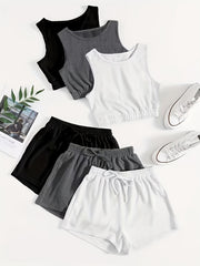 6 Pack Plus Size Loungewear Set Solid Crop Tank Top & Tie Shorts