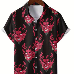 Demon Pattern Short Sleeve Shirt Men's Casual Button Up Shirt