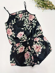 Floral Print Pajama Set Satin Cami Top & Shorts